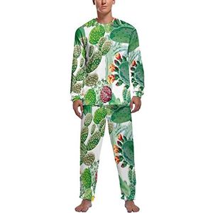 Cactus Met Oranje Bloemen Zachte Heren Pyjama Set Comfortabele Lange Mouw Loungewear Top En Broek Geschenken M