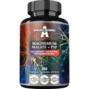 Magnesium Malaat 1400 mg per Dagelijkse Dosis + Vitamine B6 (P-5-P) - 200 Vegan Capsules - 3 Maanden Levering - Magnesium Malaat + Pyridoxal-5-Fosfaat - door Apollo's Hegemony