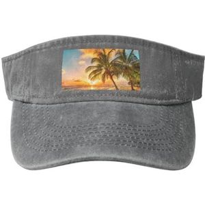 LAMAME Zonsondergang Hawaiiaanse Palm Tree Waves Gedrukt Lege Top Baseball Sun Cap Verstelbare Sport Cap, Grijs, 5-7