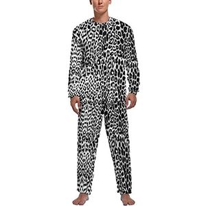 Zwarte luipaardpatroon zachte heren pyjama set comfortabele loungewear top en broek met lange mouwen geschenken L
