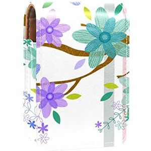 Draagbare Lipstick Case voor op reis, Mini Lipstick Opbergdoos met spiegel voor vrouwen dames, Lederen Cosmetische Pouch Abstract Aquarel Blauw Paars Groen Boom, Meerkleurig, 9.5x2x7 cm/3.7x0.8x2.7 in