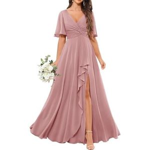 Chiffon bruidsmeisjesjurken voor dames, met spleetplooien, formele avondjurken, grote maten, Stoffige Roos, 32