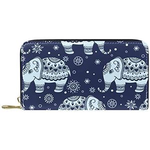 Vrouwen Zip Rond Portemonnee en Telefoon Clutch, Blauw Boho Afrikaanse Olifant Patroon, Reistas Lederen Clutch Bag Kaarthouder Organizer Polsbandjes Portefeuilles, Meerkleurig, 8.07x1x4.53 in