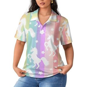 Grappige schattige eenhoorn regenboog dames poloshirts met korte mouwen casual T-shirts met kraag golfshirts sport blouses tops L