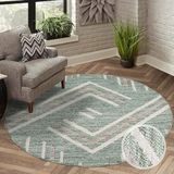 carpet city Vloerkleed laagpolig woonkamer - groen - 200x200 cm rond - tapijten boho-stijl - geo-patroon - slaapkamer, eetkamer