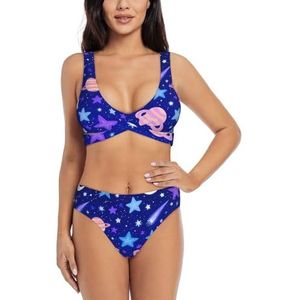 Zelinge Dames bikinisets sportief 2-delig badpak hoog getailleerd badpak S-XXL, Sterren Moons Blauw Schattig, S