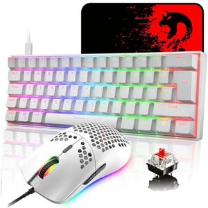 LexonElec MK21 UK Layout 60% Mechanische Toetsenbord-Muisset, 62 Toetsen Bedraad Gamingtoetsenbord met RGB Backlit + 6400DPI Ultralichte Honingraatmuis + Muismat voor PS4/Xbox/PC - Wit/Rode Schakelaar