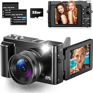 Digitale camera, 4 K, 48 MP, autofocus, digitale camera's met 180 graden inklapbaar display, compacte 4K-camera met 32 GB kaart, 16 x digitale zoom voor beginners, jongeren