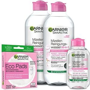 Garnier SkinActive Micellair Set 2x 400ml + 1x mini 100ml Micellair Reinigingswater + Herbruikbare Eco Pads voor gezichtsreiniging voor de normale en gevoelige huid
