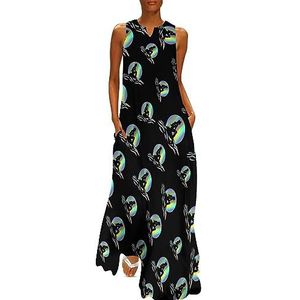 Mooie zeemeermin en maan dames enkellengte jurk slim fit mouwloze maxi-jurk casual zonnejurk XL
