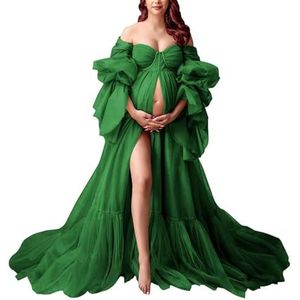 KIYNE Zwangerschapsjurk met lange mouwen voor fotoshoot, tule bruidsjurk, zwangerschapsjurk voor babyborrel, Emerald Groen, 32