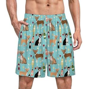 Chihuahua wijn champagne cocktails schattig hondenpatroon grappige pyjama shorts voor mannen pyjamabroek heren nachtkleding met zakken zacht