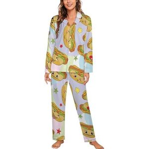 Hotdogs emoticons vrouwen lange mouw button down nachtkleding zachte nachtkleding lounge pyjama set XL