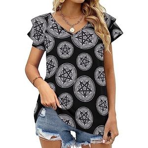 Grijs Vijf Sterren Pentagram Dames Casual Tuniek Tops Ruche Korte Mouw T-shirts V-hals Blouse Tee