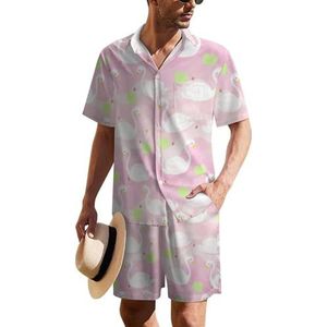 White Swan in Pink Sweet River Hawaiiaanse pak voor heren, set van 2 stuks, strandoutfit, shirt en korte broek, bijpassende set