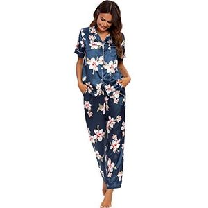 GOSO Pyjama voor dames, satijnen pyjama voor dames, buttondown pyjama, korte mouwen, top en broek, nachtkleding, zachte sets, blauw#, 3XL