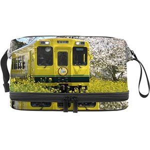 Make-up tas - grote capaciteit reizen cosmetische tas, Japan trein lente bloemen, Meerkleurig, 27x15x14 cm/10.6x5.9x5.5 in