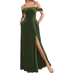 Fluwelen Bruidsmeisjes Jurken Spaghetti Bandjes Prom Jurken Koude Schouder Formele Avond Party Gown ZM191, Olijfgroen, 32