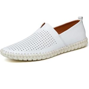 Men's Slip-on Loafers Summer Breathable Flat Loafers Comfortable Anti-Slip Soft Sole Walking And Driving Shoes(Color:White,Size:EU 44)