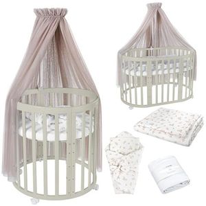 Waldin Ovale Babybedset 7in1 - Babybedje met Matras, Commode, Meegroeiwiegje, Houten Zijbed, Hout Olijf, Stoffen Taupe Takken