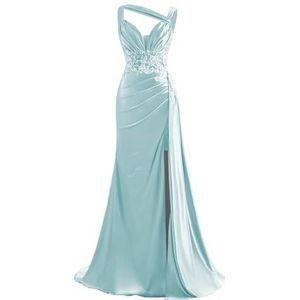 KIYNE Satijnen zeemeermin-galajurk voor dames, met kant, applicatie, pailletten, lange baljurk met split, formele feestjurk, Lichtblauw, 34