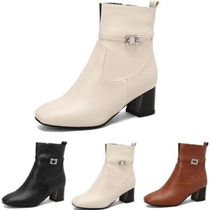 Enkellaarsjes Met Strass Gesp Dames Chelsea Enkellaarsjes Elegante PU Leren Laarsjes Met Blokhak Vierkante Neus Korte Laarzen Comfortabele Hoge Hakken Met Rits Aan De Zijkant(Beige,43 EU)