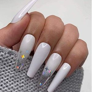 Coffin False Nails White Long Fake Nails Star Glitter Press on Nails Ballerina Acrylic Stick on Nails 24pcs for Women and Girls