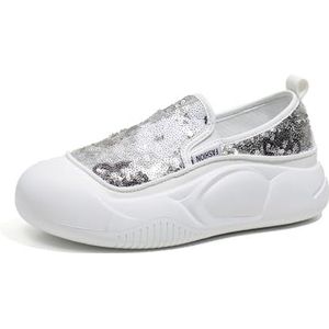 kumosaga Damesmode platformloafers, vrijetijdsschoenen met ronde neus en pailletten, sprankelende instapper-orthopedische schoenen for dames (Color : White, Size : EU40)