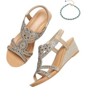 Xytraiihw Dames Strass Sandalen, Mode Wedge Heel Zomer Sandalen Retro Boho Elastische Band Strand Schoenen Slingback Peep Toe Romeinse Schoenen Flip Flops,Goud,36 EU