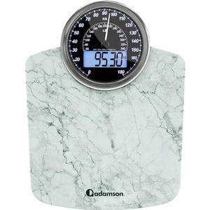 Adamson Hybride + 2-in-1 personenweegschaal, digitaal en analoog, tot 180 kg, dik gehard glas, groot display, gemakkelijk af te lezen + nieuw + wit marmer