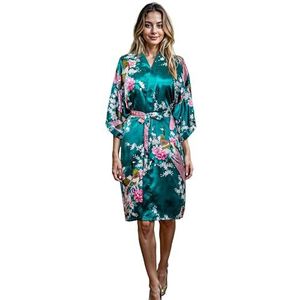 CCcollections Kimono badjas lang 16 kleuren Premium Peacock bruidsmeisje bruidsdouche dames cadeau (Groen Donker)