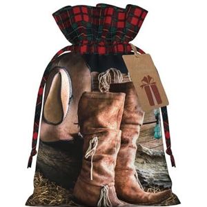 Cowgirl Laarzen Hoed In Farm Gedrukt Herbruikbare Kerst Trekkoord Gift Bag Voor Cadeaus, Kerstfeest, Vakantie Decoraties (S/M)