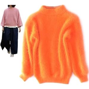 Lady Winter Angora Kasjmier Mix Losse Warme Trui, Effen Kleur Ronde hals Gebreide Trui Trui Pluizige Pluche Trui, Oranje, Eén Maat