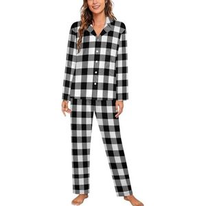 Zwart En Wit Gingham Vrouwen Lange Mouw Button Down Nachtkleding Zachte Nachtkleding Lounge Pyjama Set XL