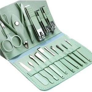 Premium 16-delige nagelverzorgingsset voor thuis, roestvrijstalen tondeuse, pedicureset en reiskoffer inbegrepen manicureset (groen 16 stuks set)