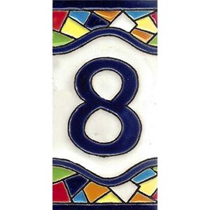 TORO DEL ORO Huisnummers, nummers en letters van tegels, geëmailleerd keramiek, handbeschilderde techniek, droog touw, namen en adressen, middelgroot mozaïekdesign 5,5 x 10,5 cm (nummer acht ""8"")