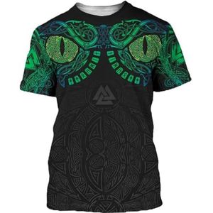 Heren 3D-geprint Viking T-shirt - Novel Harajuku Nordic Odin Fenrir Wolf Tattoo Casual Ronde Hals Korte Mouw - Zomer Verfrissend Sneldrogend Sporttop (Color : Viking D, Size : L)