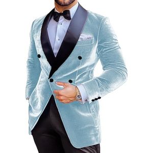 Heren fluwelen pak blazer slim fit kerst jas prom smoking jas inkeping revers bruiloft feest gekleed, Lichtblauw, XS