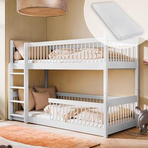 Hoogslaper kinderstapelbed kinderbed | massief grenenhout afgeronde randen, ombouwbaar tot 2 bedden, incl. 2 matrassen | Maten: 80x180, 90x190, 90x200 cm | 90x200 cm van 4 tot 18 jaar | wit
