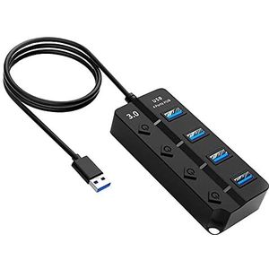 OcioDual hub, adapter, 4 poorten, USB 3.0 + 2.0, aan/uit-knoppen, zwart, voor pc, laptop, onafhankelijke schakelaar met ledlicht, splitter, gegevensoverdracht