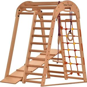 Klimdriehoek, indoor speelplaats van hout voor kinderen, klimnet, Zweedse ladders, ringen, glijbaan, ideaal voor 1 tot 5 jaar, draagt