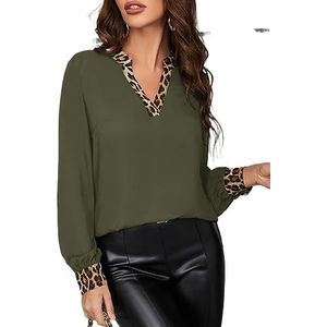 dames topjes Leopard Print Notched Neck Blouse (Color : Army Green, Size : Small)