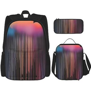 Kleurrijke Regenboog Regen Grote Capaciteit Rugzak Lunch Tas Pen Pouch 3 Stuk Set voor Kantoor Reizen Camping Unisex, Zwart, Eén maat