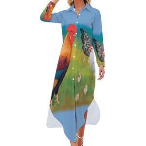 Haan met kippen schilderij dames maxi-jurk lange mouwen knopen overhemd jurk casual feest lange jurken 6XL