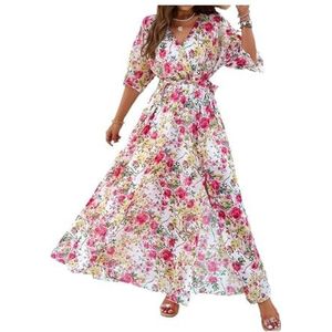 Dames zomer maxi-jurk casual split halve mouw V-hals ditsy jurk stropdas taille strandjurk, roze, S