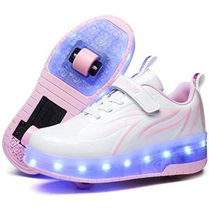 Unisex kinderen LED licht USB oplaadbare skateboardschoenen met dubbele wielen, drukknop, instelbare rollerblades skates, outdoor sport fitnessschoenen gymnastiek running sneaker voor jongens meisjes,