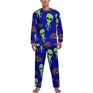 Groene UFO Aliens Zachte Heren Pyjama Set Comfortabele Lange Mouw Loungewear Top En Broek Geschenken XL