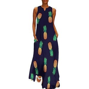 Tropisch ananaspatroon dames enkellengte jurk slanke pasvorm mouwloze maxi-jurken casual zonnejurk L
