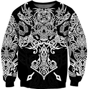 Gepersonaliseerde Noorse Mythologie Schedel Hoodie, Viking 3D-geprinte Thor's Hammer Totem Heren Straatmode Plus Size Jas, Lente en Herfst Sweatshirt met Ronde Hals(Color:Round Neck,Size:L)