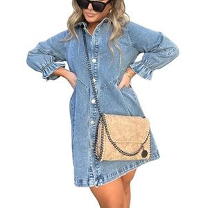 Leisure Jurken Voor Vrouwen,Denim Jurk Voor Dames Verontruste Gewassen Jurk V-Hals Button Down Shirt Jurk Herfst Casual Losse A-Lijn Mini-Jurk Vintage Splicing Lange Lantaarnmouwen Jean-Jurken,Blauw